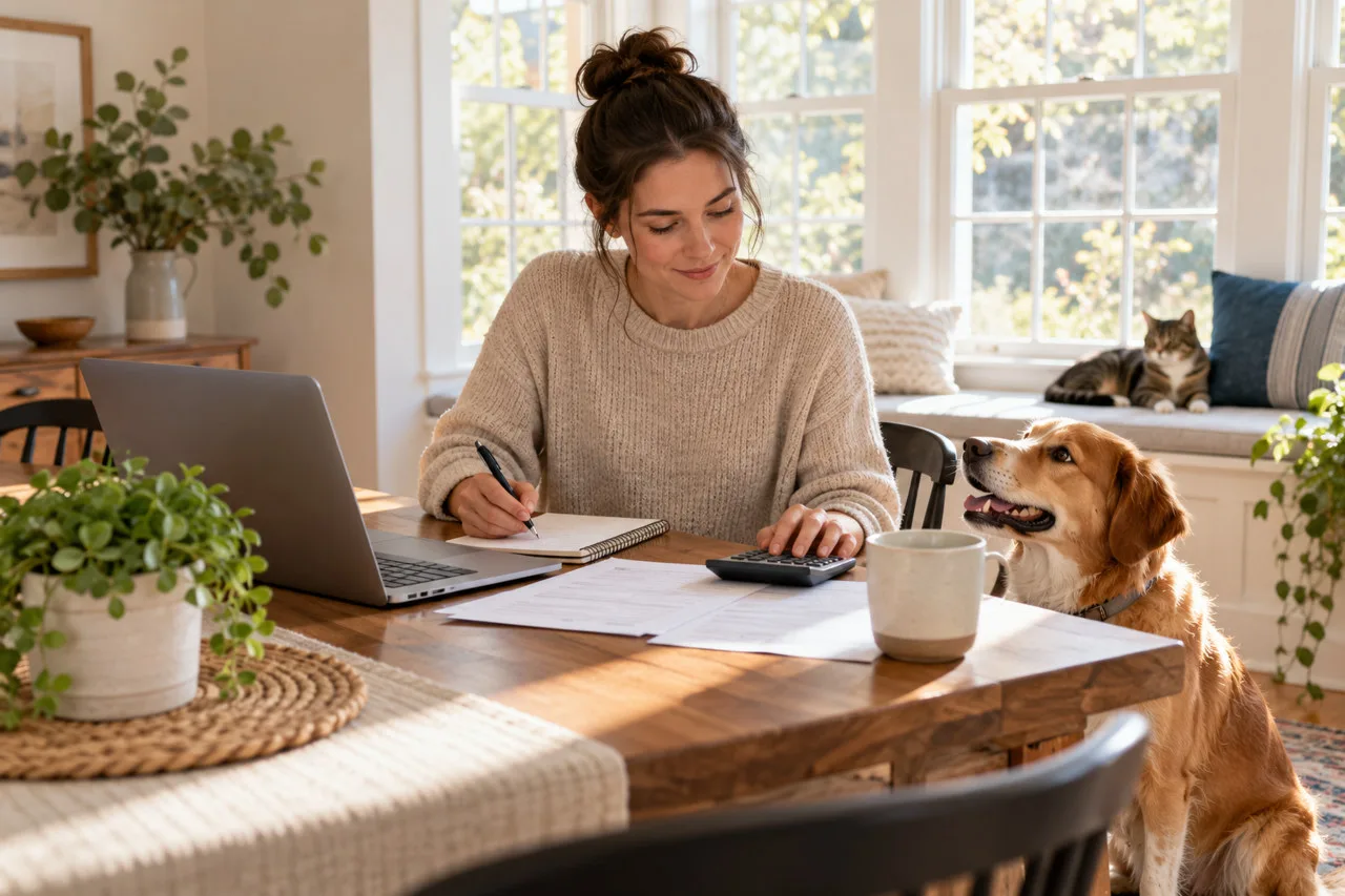 Owner using paperwork and a calculator beside a golden-colored dog