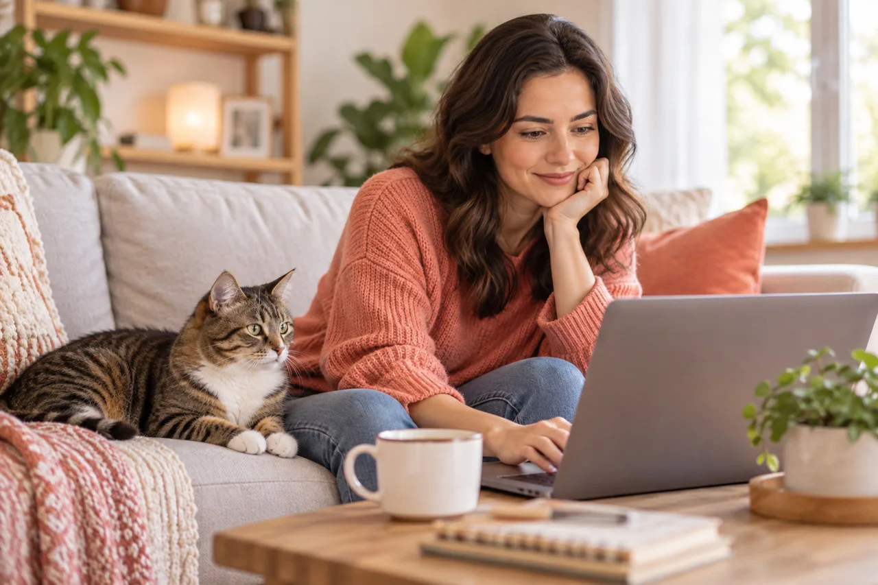 Owner reviewing a laptop beside a tabby cat